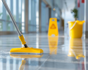 Person mopping a shiny clean floor in a modern home interior clear reflections clean white tiles concept of home cleaning and hygiene maintenance