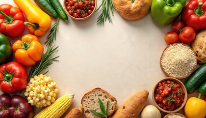Top view assortment organic fresh vegetables, fruits, condiments on light table. Healthy diet, vegetarian food, fresh ingredients for cooking, bakery, raw spice nuts.