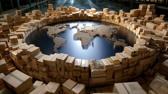 top view of a conditional world map in the center along the edges around the map there are many stacks of cardboard boxes the concept of global supplies and