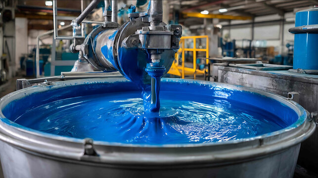 An industrial mixer in a large tank with blades inside for mixing slowly and evenly mixes blue paint in a paint factory with pipes for advertising