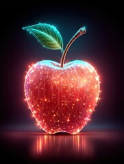 Obraz premium Cybernetic nectarine with chrome-smooth skin and leaf, glowing in a unique digital art style with vibrant colors