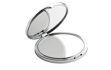 Floating silver compact mirror with minimalist design and sleek modern aesthetic isolated on transparent background PNG