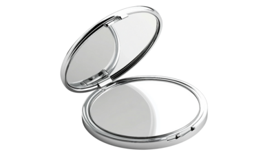 Floating silver compact mirror with minimalist design and sleek modern aesthetic isolated on transparent background PNG