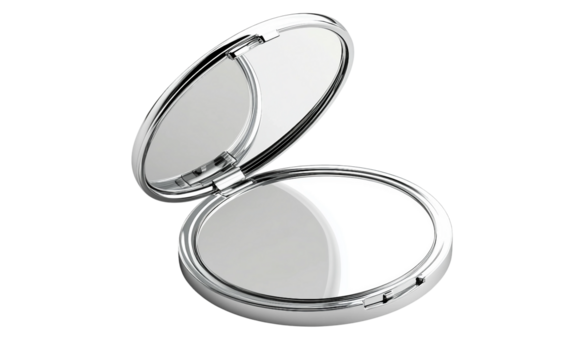 Floating silver compact mirror with minimalist design and sleek modern aesthetic isolated on transparent background PNG
