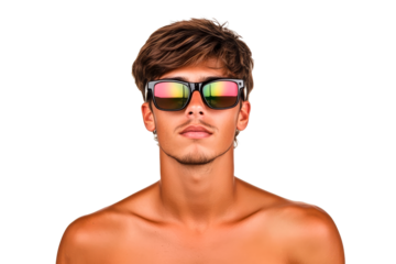 Guy wearing sunglasses with rainbow reflections, cut out transparent