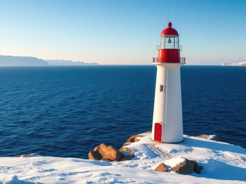 Snowy Coastal Lighthouse on a Winter Day