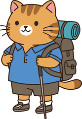 Cartoon Cat Hiker with Backpack and Walking Stick