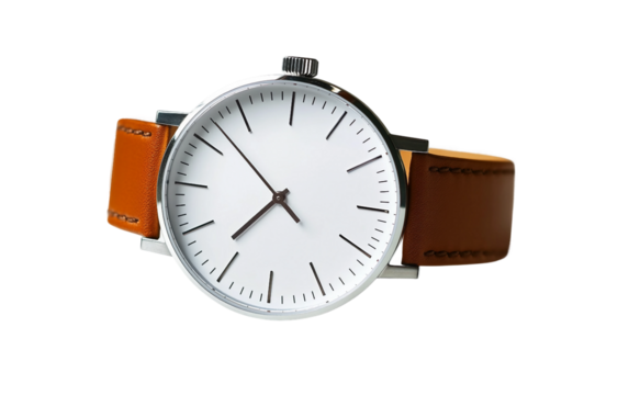 Floating simple designer wristwatch with brown leather strap and minimalist elegant design isolated on transparent background PNG