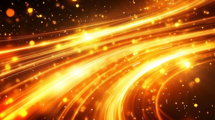 Obraz premium Abstract swirling golden light trails and particles on black background.