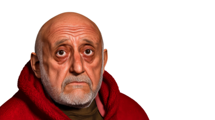 Distressed senior man gazes downward, wearing red robe, cut out transparent