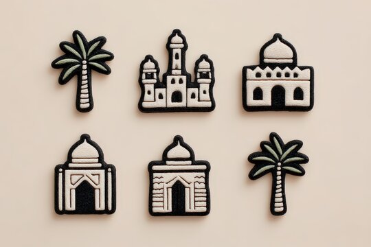 Decorative fabric patches featuring palm trees and ornate architectural designs inspired by historical landmarks exhibiting unique craftsmanship and artistic expression in modern textile art