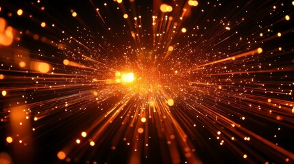 Fototapeta premium Abstract glowing orange light streaks and particles radiating from center on black background.