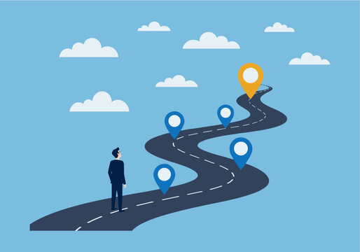 Flat vector illustration of a businessman in a suit standing at the beginning of a winding road with multiple location pin markers along the path, leading to a final destination pin