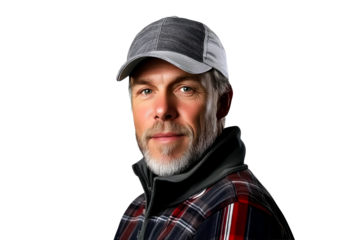 Man with gray beard wearing cap, flannel shirt, cut out transparent