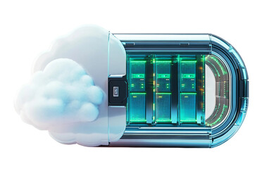 A futuristic digital concept of cloud data storage locker featuring high tech security and virtual access in a modern networked environment isolated on transparent background PNG