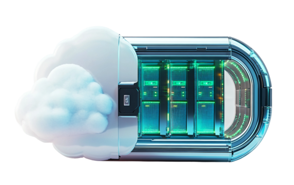 A futuristic digital concept of cloud data storage locker featuring high tech security and virtual access in a modern networked environment isolated on transparent background PNG - Powered by Adobe