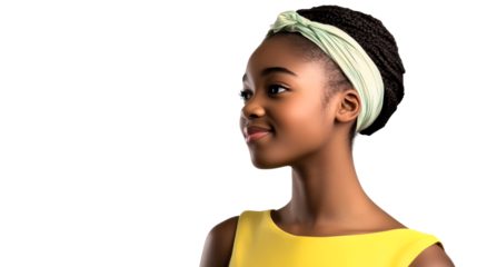 African girl side profile, head wrap, portrait, yellow dress, cut out transparent
