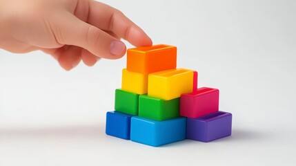 Obraz premium Child's hand placing colorful building blocks in a pyramid shape on a white background.