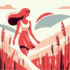 Fototapeta premium Young woman walking through golden wheat field under blue sky 