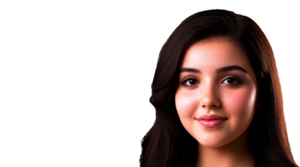 Close up portrait of a Hispanic woman with long wavy hair, cut out transparent