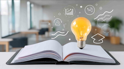 stylish educational flat lay concept book cap and glowing bulb surrounded by smooth icons light dreamy background with clean space on right Hyperrealistic p