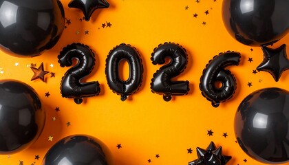 2026. Banner with 2026 black balloons and stars confetti on a orange background. New Year concept with place for text.