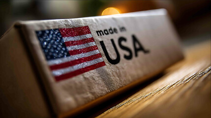 closeup of a print on a cardboard box with the American flag usa and the inscription made in USA