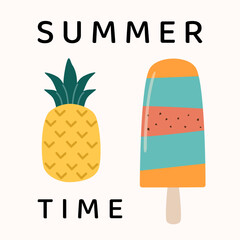 Playful vector poster with a pineapple and popsicle illustration and Summer Time text. Flat design with soft colors and texture. Perfect for kids’ designs, summer sales, prints, and social media.