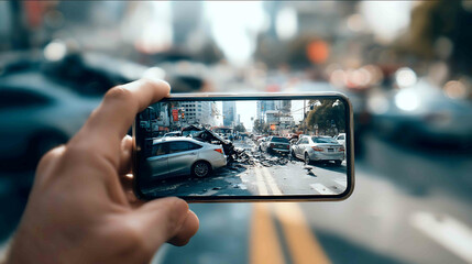 realistic image of a witness holding a smartphone capturing a blurred car accident scene daytime urban setting realistic style