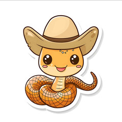 A sticker of an illustrated cartoon snake wearing a cowboy hat a simple flat vector design with a solid white backgrounda simple chibistyle cute anime drawi