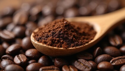Close-up photo wooden spoon filled ground coffee over coffee beans. Freshly roasted coffee beans background. Coffee powder ingredient for espresso. Aroma for break time. Cafe shop.