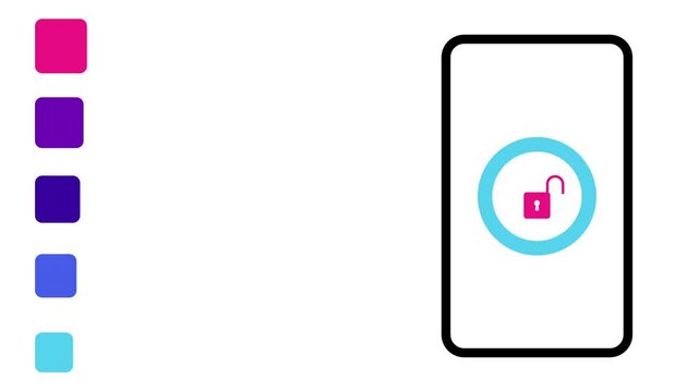 Simple UI animation showing a closed pink padlock in a turquoise-blue circular loading interface. Represents protection or system security within modern user-centered app design