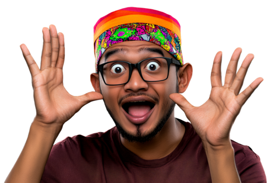 Surprised Indian Man with Open Mouth and Hands, cut out transparent