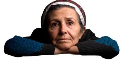 Elderly woman portrait, headscarf, resting on arms, looking forward, cut out transparent