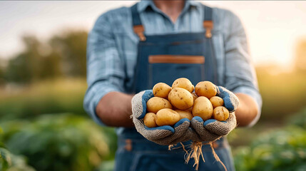 A farmer holding freshly harvested organic potatoes warm sunset light clean space for text with White background