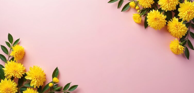 Mimosa flowers arranged pastel pink backdrop. Yellow fluffy blooms with green leaves top view, copy space. Floral design, ideal for mothers day, womens day, spring, easter, greeting cards, social