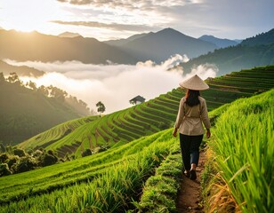 Fototapeta premium Terraced Rice Fields in the Mist – Rural Harmony