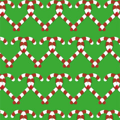 Christmas sweet pattern. Red striped candy. Seamless green background. Festive holiday repeat.