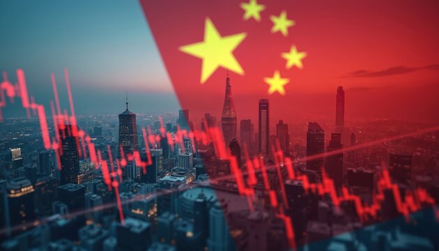 China flag over city skyline financial graph shows market downturn. Economic challenges, urban financial activity. Business crisis, stock market crash concept.