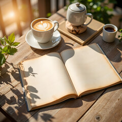 Vintage, magazine spread on reclaimed wood table near balcony
