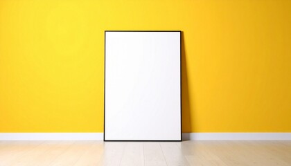 White poster mockup standing on the floor near yellow wall.