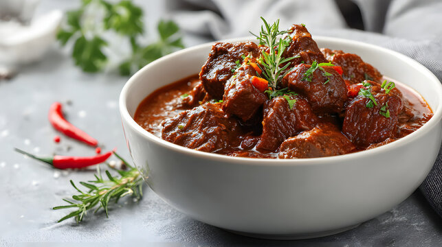 A bowl of hearty beef goulash with rich sauce, herbs, and paprika on a light neutral background