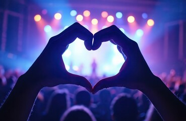 Silhouette hands form heart shape at music concert. Crowd enjoys live performance, stage lights. People audience having fun, positive emotions, show atmosphere, love music.