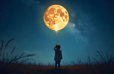 Child holding moon balloon infinite night sky