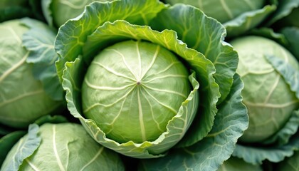 Fototapeta premium Close-up of fresh green cabbage. Ripe head of cabbage, healthy organic vegetable with detailed textures, ready for harvest. Fresh leaves, healthy food for salads and cooking.