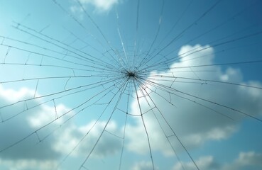 Shattered car windshield. Radial cracks pattern with damage on vehicle glass. Broken glass against blue sky with clouds. Accident, crash, vandalism concept. Auto repair insurance.
