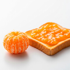  Golden toast with tangerine jam and a peeled mandarin with visible segments on a white background. Simple and fresh.