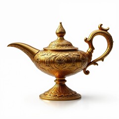 Golden magic lamp illustration. Antique arabian oil lamp isolated on white background. Vintage design for fairy tale, fantasy, desire, wish fulfillment concepts.