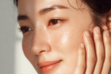 Close-up shot of a woman's radiant, dewy skin, highlighting natural beauty and skincare for a fresh and healthy look.
