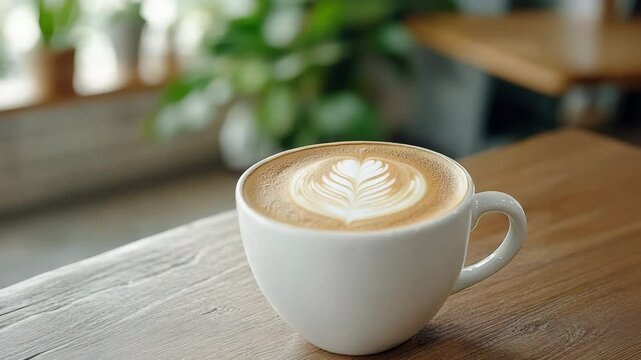 Beautifully crafted latte in white cup on wooden table, surrounded by lush greenery design.